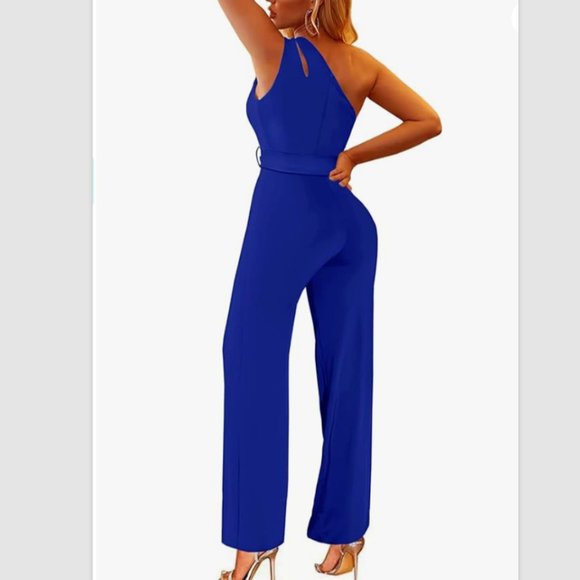 AUXDIO Womens One Shoulder Cutout Wide Leg Jumpsuit w/Belt Sz L -Royal Blue NWOT - Picture 3 of 5